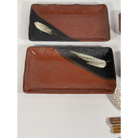 Vintage 12 Pc Hand Painted Japanese Sushi Set Plates Chopsticks Mat Stoneware - Picture 3 of 8